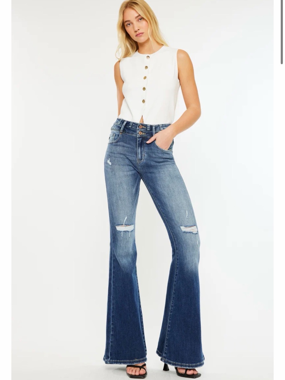 KanCan Medium Wash High-Rise Flare Jeans with Distressed Knees - Picture 10 of 11